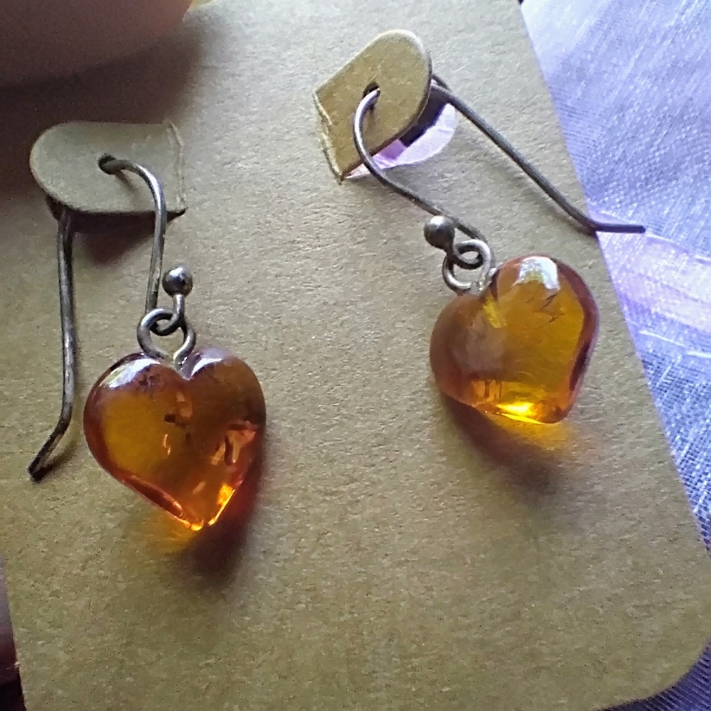 Amber Heart Drop Earrings With Sterling Silver Hooks